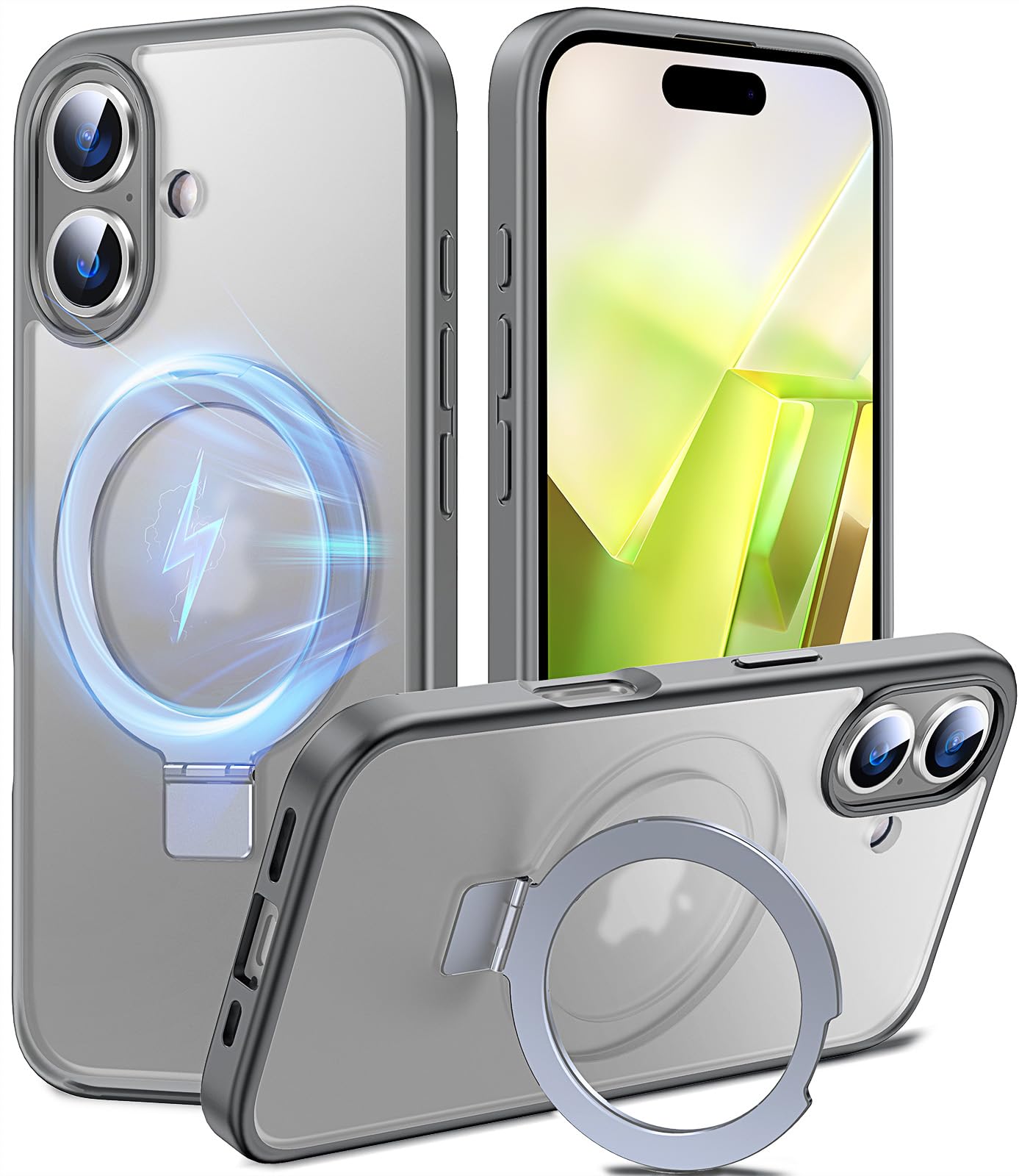 Chicfun 3-in-1 [Magnetic+KickStand+Ring Holder] Compatible with MagSafe, for iPhone 16 Case with Stand Military Shockproof Protective Magnetic.for iPhone 16 Case,Grey