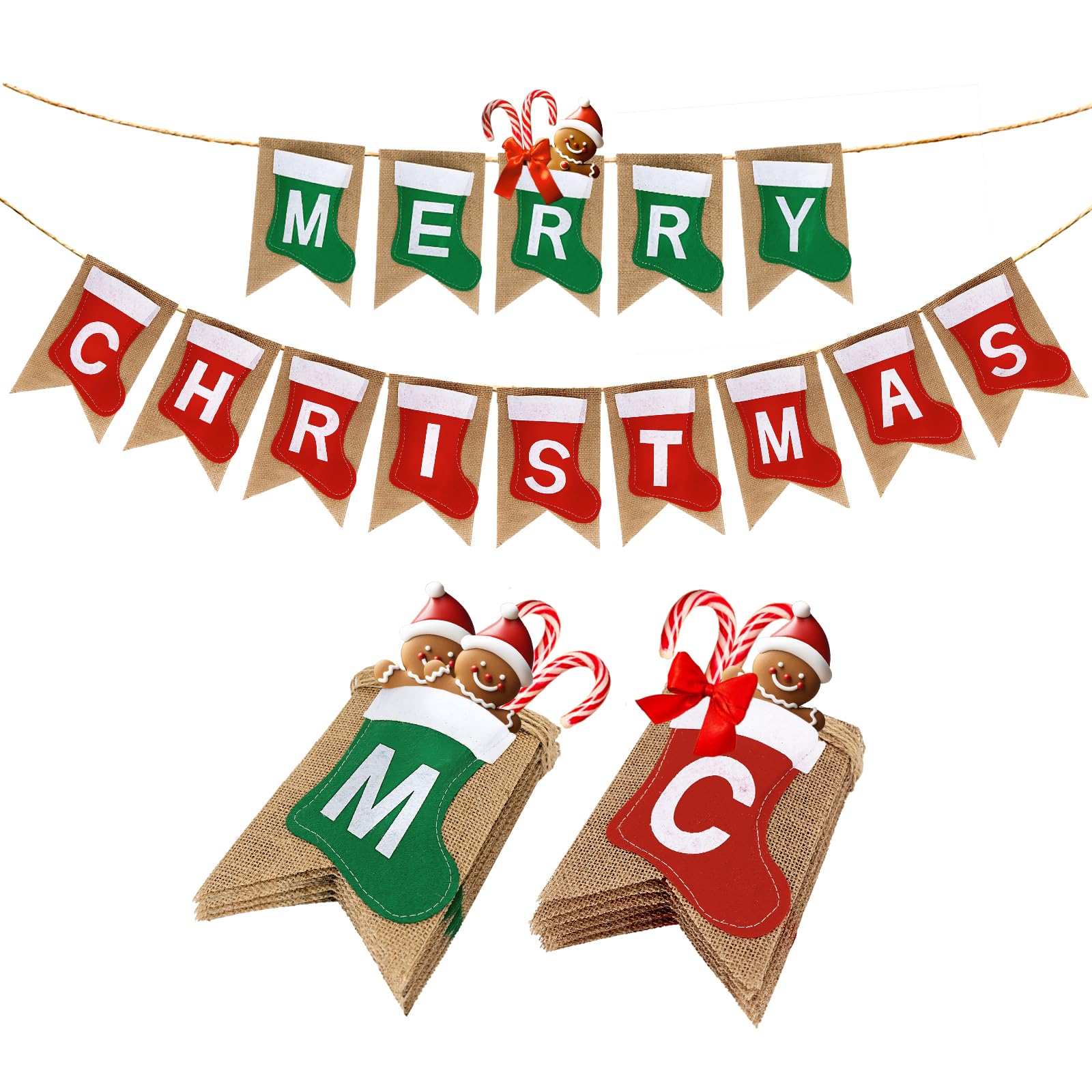 G2PLUS Merry Christmas Burlap Bunting Banner with Rustic Christmas Garland and 14 Flag Pennants for Xmas Decoration