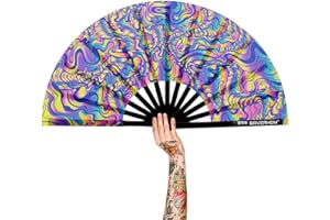 Raveahem UV Glow Rave Fan, Bamboo Folding Clack Hand Fan for Men Women (Waves-2, Large 13")