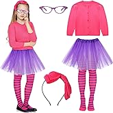 JenPen 5 Pcs Halloween Book Character Costumes for Kids Rose Red Long Sleeve Cardigan Purple Tutu Skirt Striped Tights Bow Headband Glasses Frame for Children Halloween Cosplay Dress up Outfit