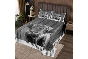 Manfei Highland Cattle Kids Bedspread King Size, Black White Cow Fur Print Quilted Coverlet with 2 Pillowcases, Farm Animal Wooden Coverlet Set for Boys Girls Room Decor, Soft Polyester Bedding Quilt