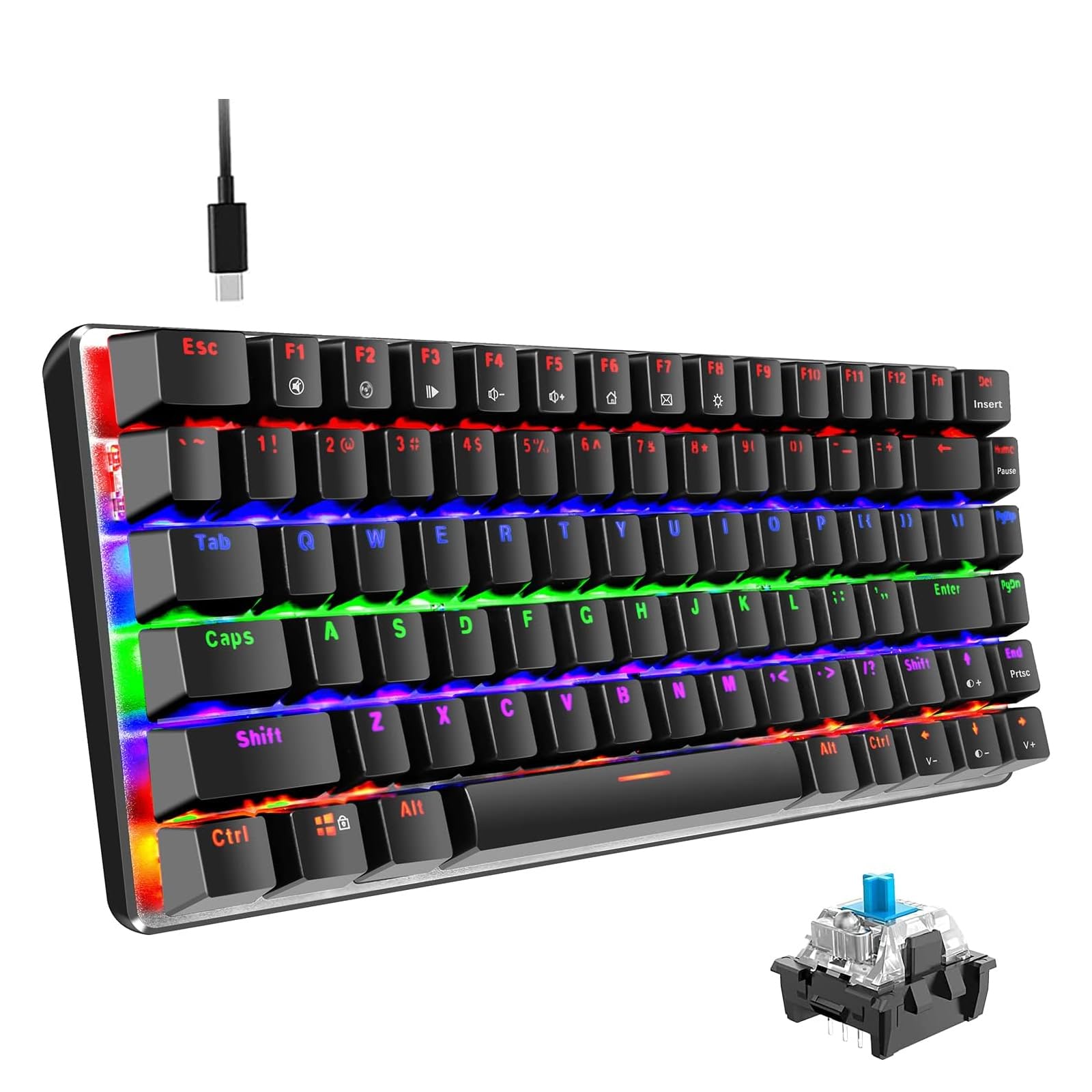 Hoopond Mechanical Keyboard, AK33 Rainbow LED Backlit USB Cable Gaming Mechanical Keyboard, 82 key Compact Mechanical Gaming Keyboard with Anti-ghosting Keys for Gamers & Typists(Blue switch, Black)