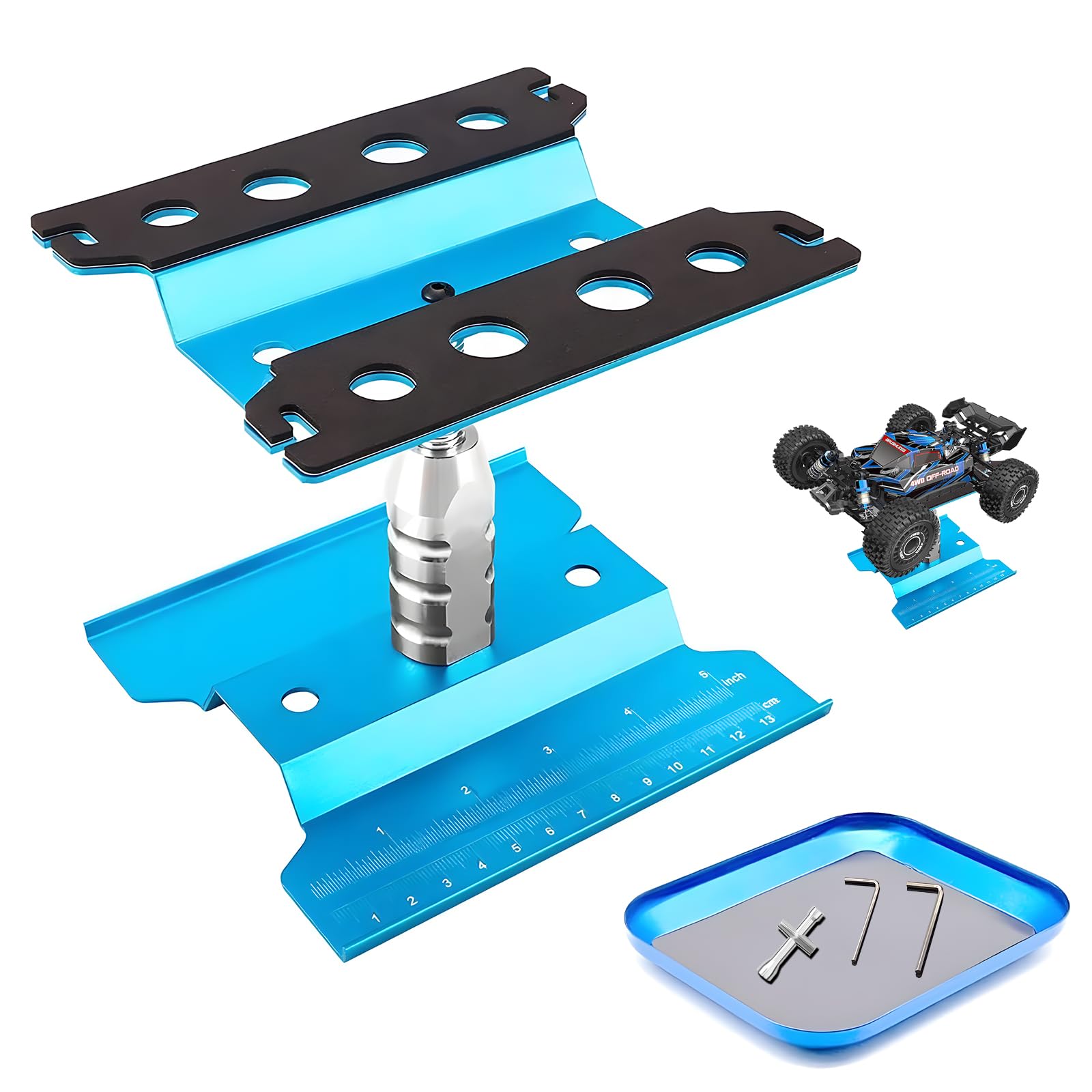 RC Car Work Stand & Screws Pallet 360 Degree Rotation Aluminum Station Lift for 1/8 1/10 1/12 1/16 1/18 Scale Traxxas TRX4 Axial Arrma Redcat Losi RC Crawler Monster Truck Buggy Blue