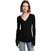 Enza Costa Women’s Cashmere Blend Cuffed V-Neck Top with Thumbholes