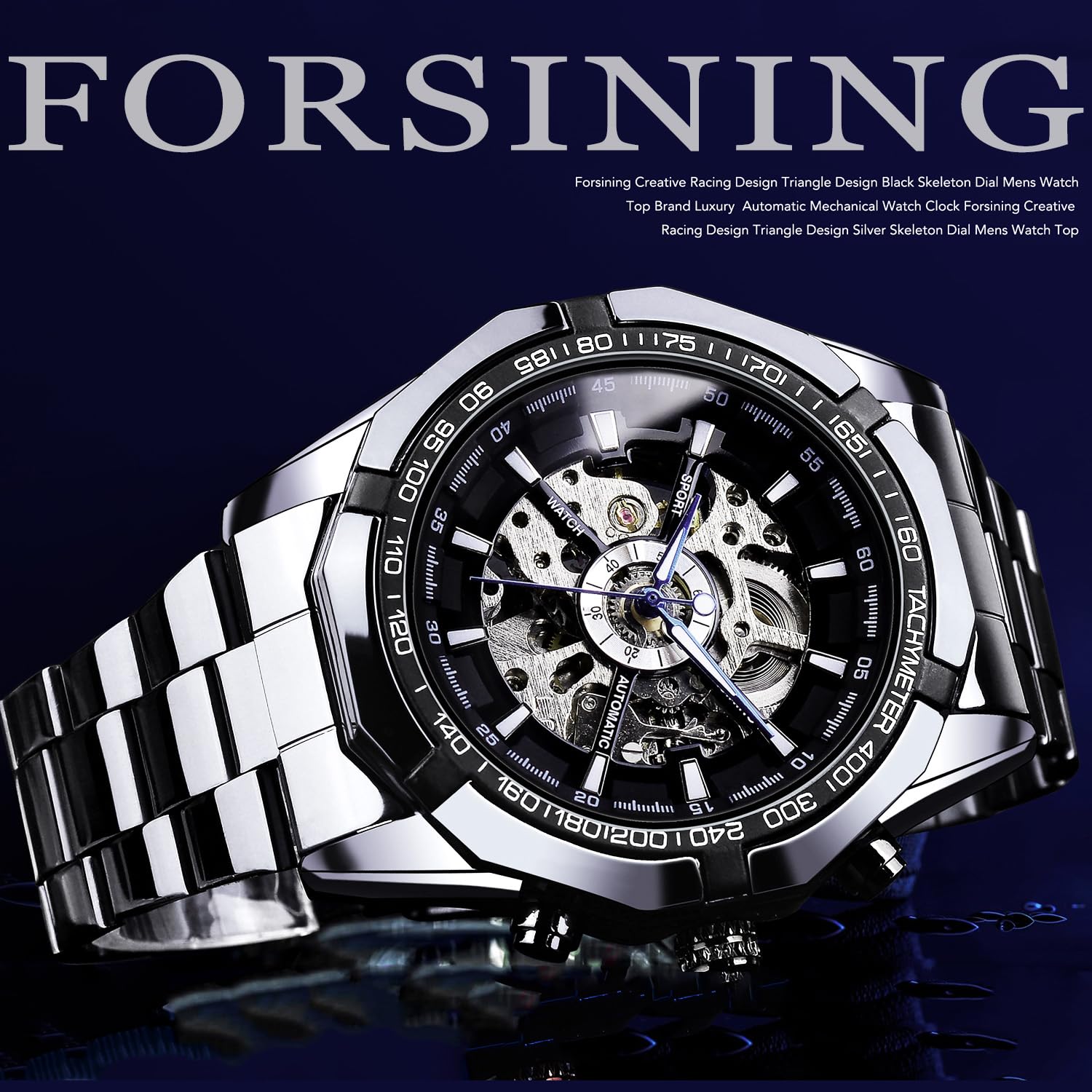 FORSINING Mens Watches Automatic Skeleton Hollow Mechanical Automatic Luxury Watch Blue Black Stainless Steel Band Waterproof Wrist Watch, silver black, Modern