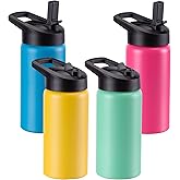Kids Water Bottle with Straw Lid & Handle, 4 Pack 16oz Personalized Water Bottles Bulk, Dishwasher Safe, Leak Proof DIY Gift for Girls Boys to School Sports Travel Gym Running Hiking, Mixed Color Set