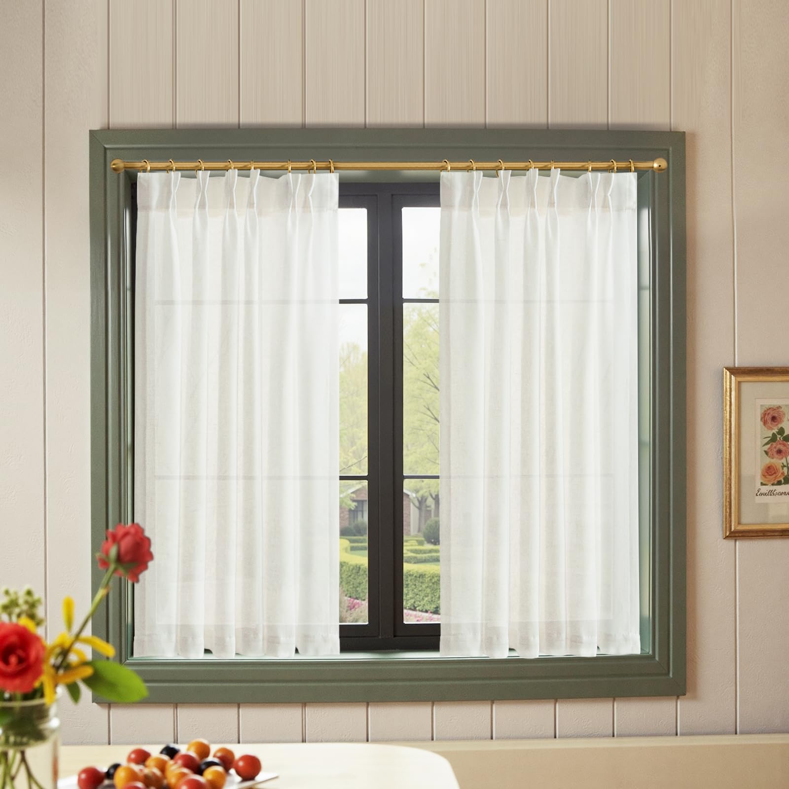 Photo 1 of jinchan Pinch Pleated Linen Blend Curtains 45 Inch 2 Panels Light Filtering Modern Farmhouse Back Tab Drapes for Kitchen Bathroom White