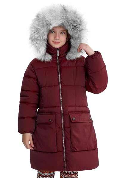 MAOO GARDEN GIRLS PUFFER WINTER COAT FAUX-DOWN HEAVYWEIGHT SNOW PARKA FUZZY FUR LINING HOOD WATER-RESISTANT LONG JACKET WINE 10Y