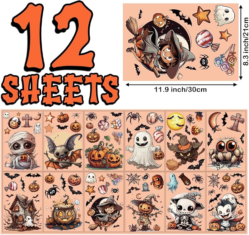 12 hojas de calcomanías de ventana de Halloween de gran tamaño, decoraciones de murciélagos, arañas, vampiros y brujas, calcomanías para ventanas de Halloween
