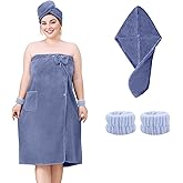 Defresit Towel Wrap for Women Plus Size-Wearable Shower Towel Wrap with Hair Towel Wristbands Closure Elastic Top Soft Adjustable Microfiber Dress Towel Spa Wraps for Women's Bathrobe(Blue)