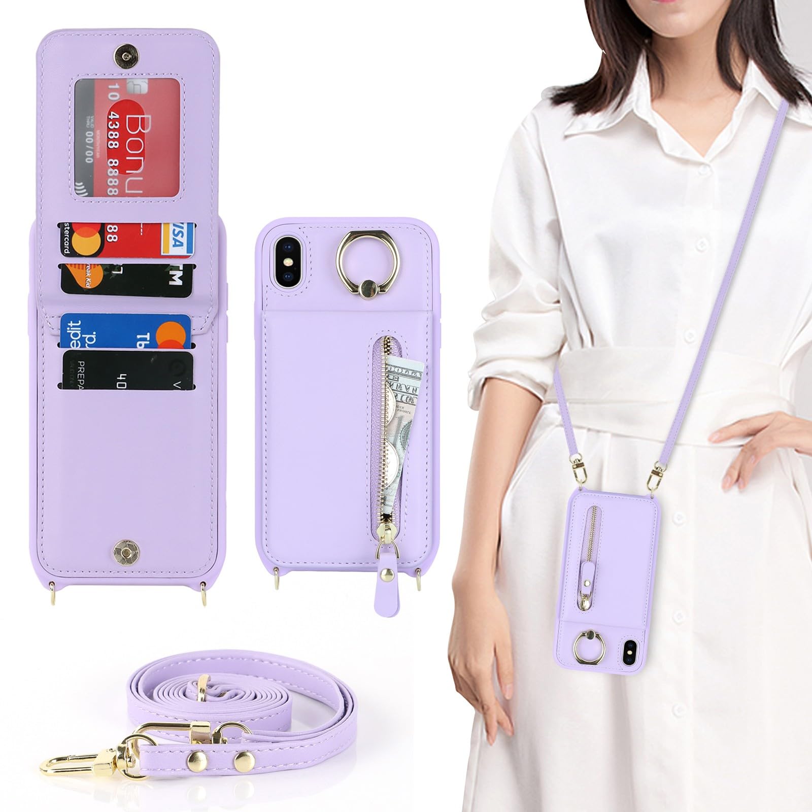 Zouzt for iPhone Xs Max Case with Cord and Card Holde, Zipper Wallet Case with Crossbody Lanyard Ring Adjustable Necklace Protective Cover Women for iPhone Xs Max 6.5 Inch - Purple