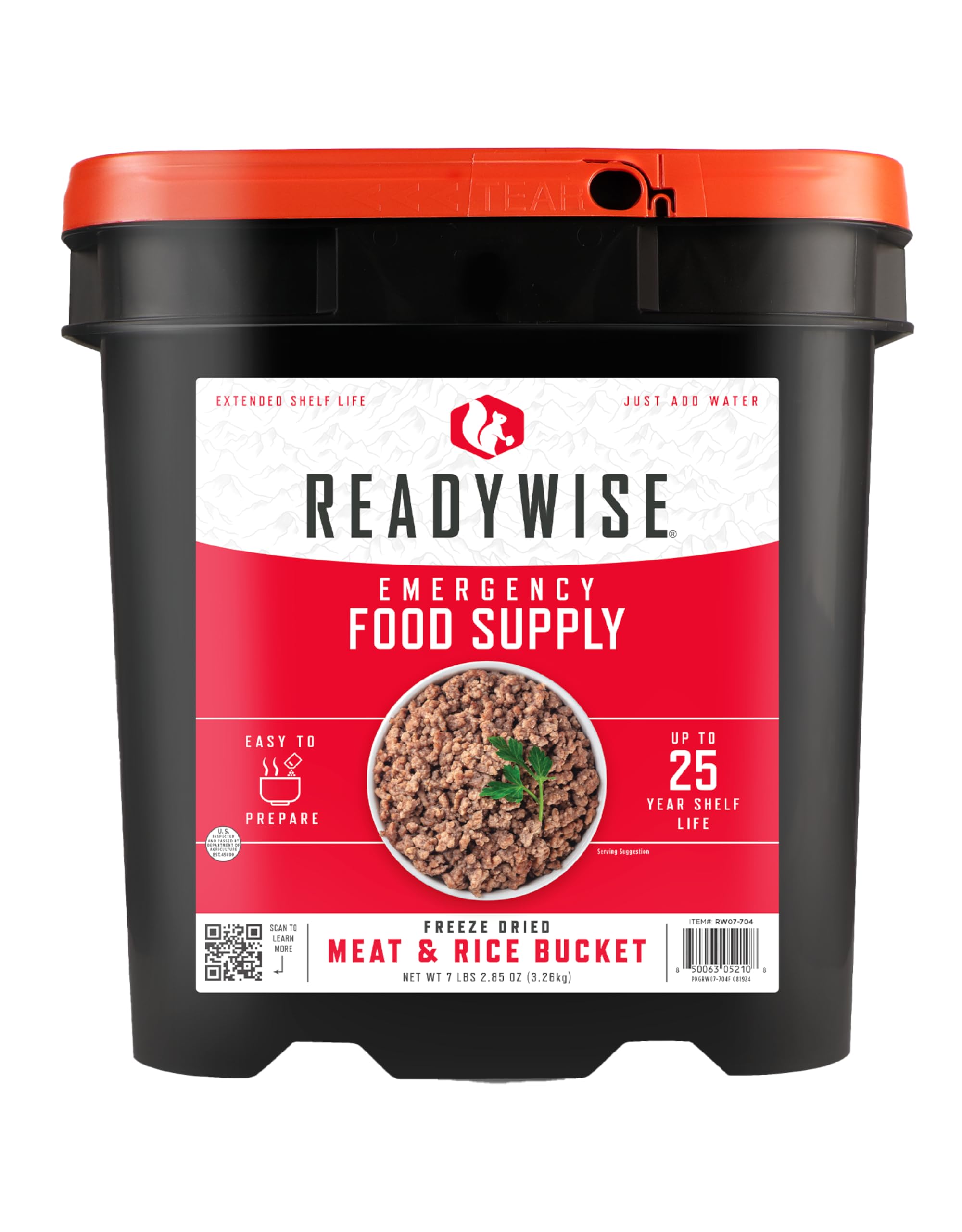 ReadyWise Emergency Food Supply - 88 Servings Meat & Rice Bucket, Freeze Dried Protein Meals, Camping Essentials, Bulk Rice & Survival Food, Disaster Prepping Supplies, up to 25 Year Shelf Life Image
