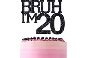 ZACHAKO Black Glitter Bruh I'm 20 Cake Topper, Happy 20th Birthday/Bro I'm 20/Cheers to 20 Years, Funny 20th Birthday Party Decorations Supplies