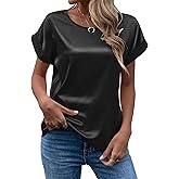 Chigant Women's Short Sleeve Satin Blouses Casual Loose Crewneck Silk Shirts Roll Up Sleeve Tunic Tops S-XXL