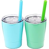 Colorful PoPo Cute Stainless Steel kids cup Straw Cups for Toddlers, Mini Insulated Tumblers with Lids for Smoothie Milk, Set of 2 (Teal Mint, 8.5 OZ)