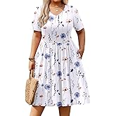 IN'VOLAND Women's Plus Size Short Sleeve Dress Summer Casual V Neck Knee Length A-Line Loose T-Shirt Dress with Pockets