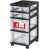 IRIS USA Plastic Drawer Storage Organizer Rolling Cart, with Wheels Casters, 4-Drawers, for Classroom Art Craft Supplies Dresser Closet Bathroom Laundry Room, Black/Clear