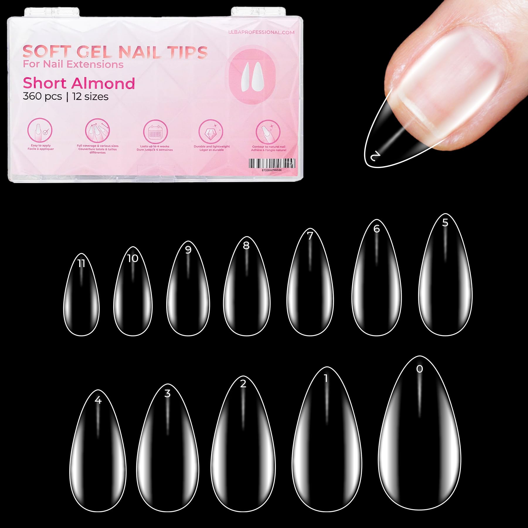 LLBA Soft Gel Nail Tips - 360Pcs Soft Gel Nail Extension Tips, 12 Sizes Clear Full Cover Fake Nails for Nail Extension, Long-Lasting Salon Quality, Natural Look & Comfortable Wear (Almond, Short)