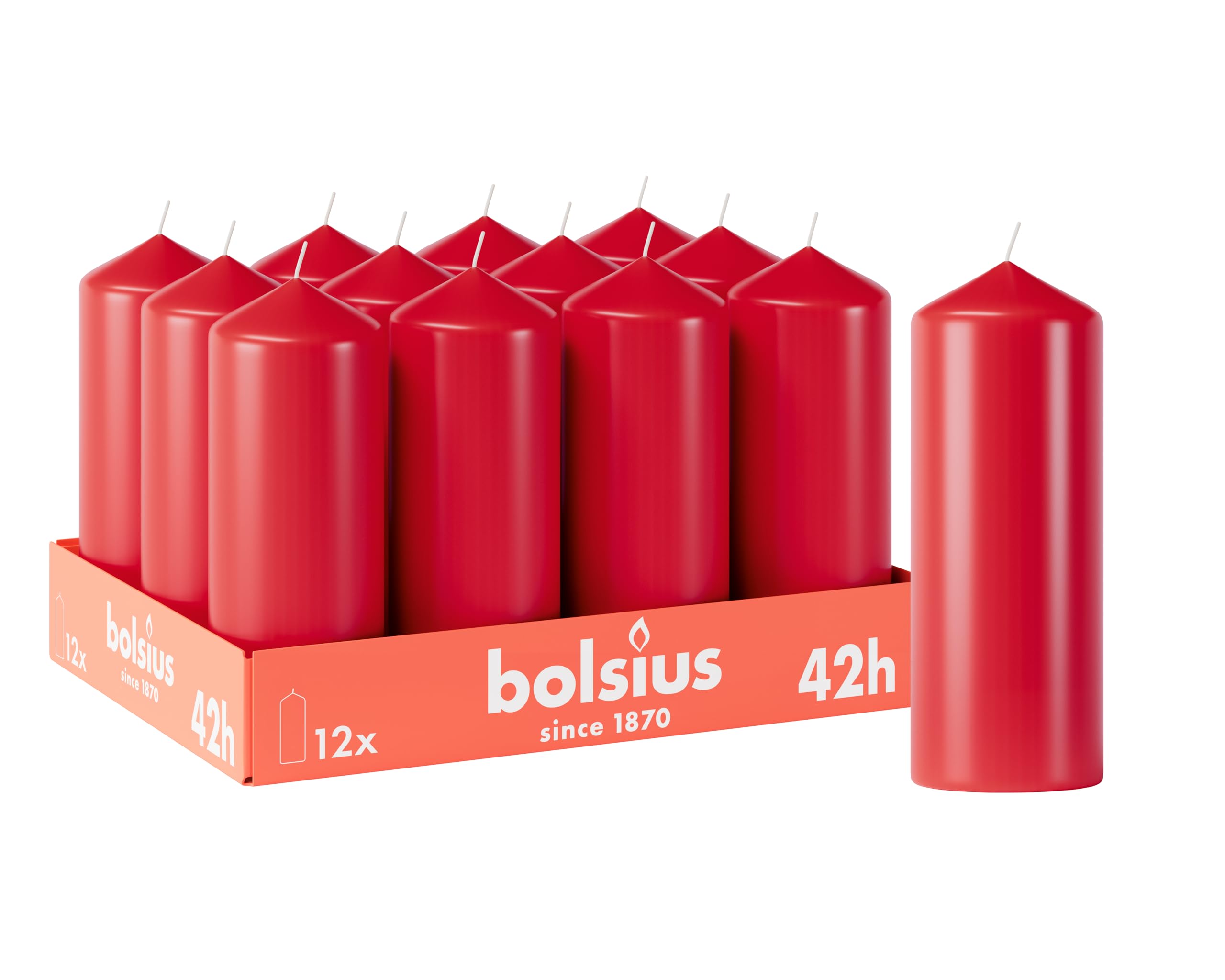 Bolsius Smooth Pillar Candles - Red - Pack of 12-5.9″ × 2.4″ - Decorative Household Candles - Burn Time 42 Hours - Unscented - Contains Natural Plant Wax - Without Palm Oil