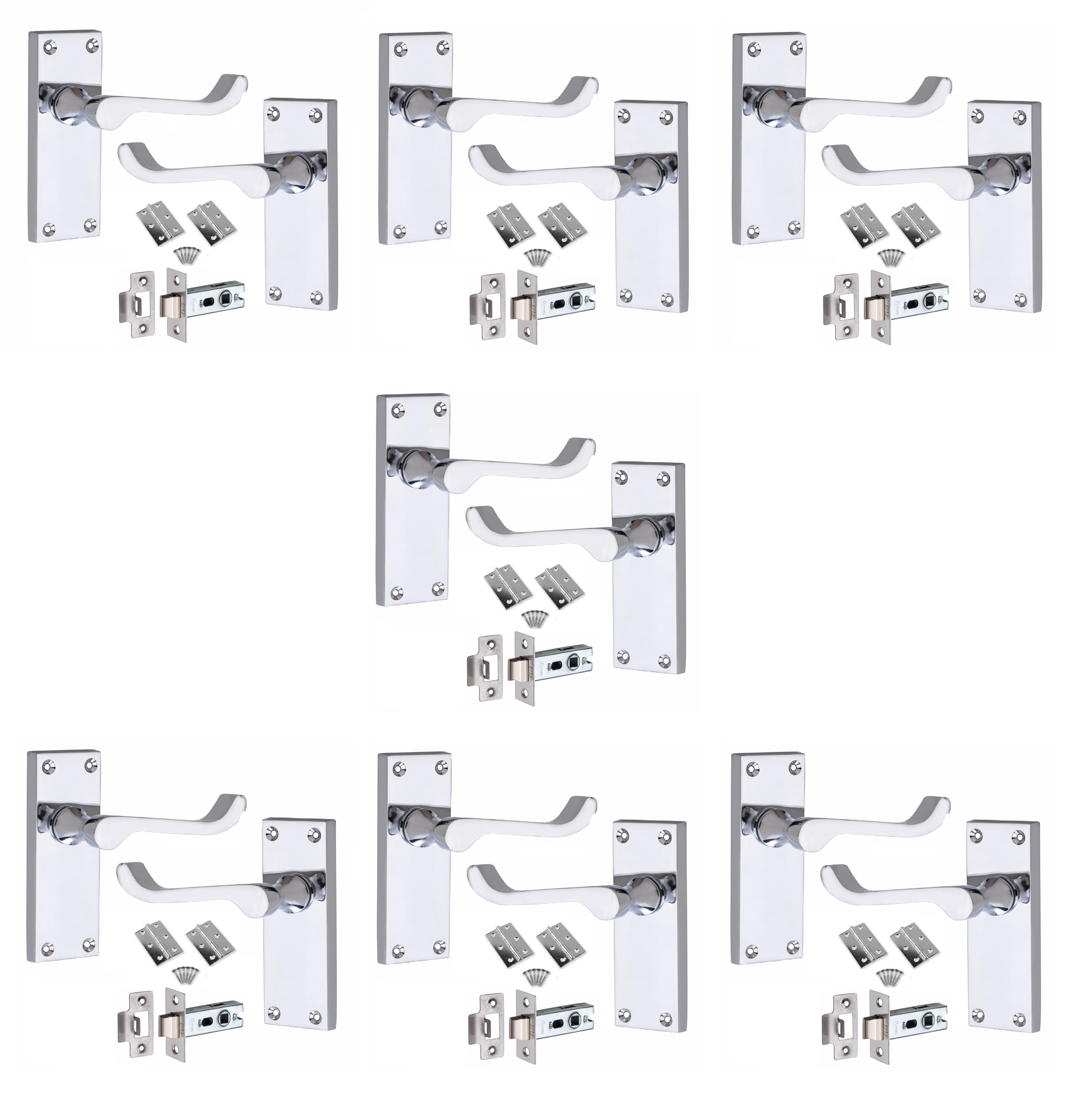Golden Grace Victorian Scroll Door Handles Latch in Polished Chrome Finish with Hinges & Latches Pack, 7 Sets - 120mm x 40mm Backplate