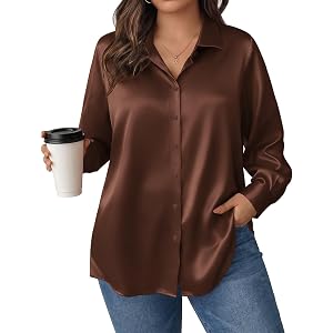 IN'VOLAND Women Plus Size Satin Blouses Long Sleeve Button Down Silk Shirts | Fall V Neck Dressy Business Blouses ,Classic Ca