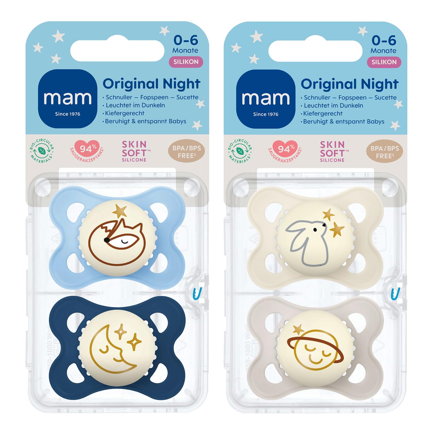 MAM SkinSoft Silicone Dummy Night 0-6 Months Pack of 4 Including 2 Sterilised Transport Boxes, Glow in The Dark