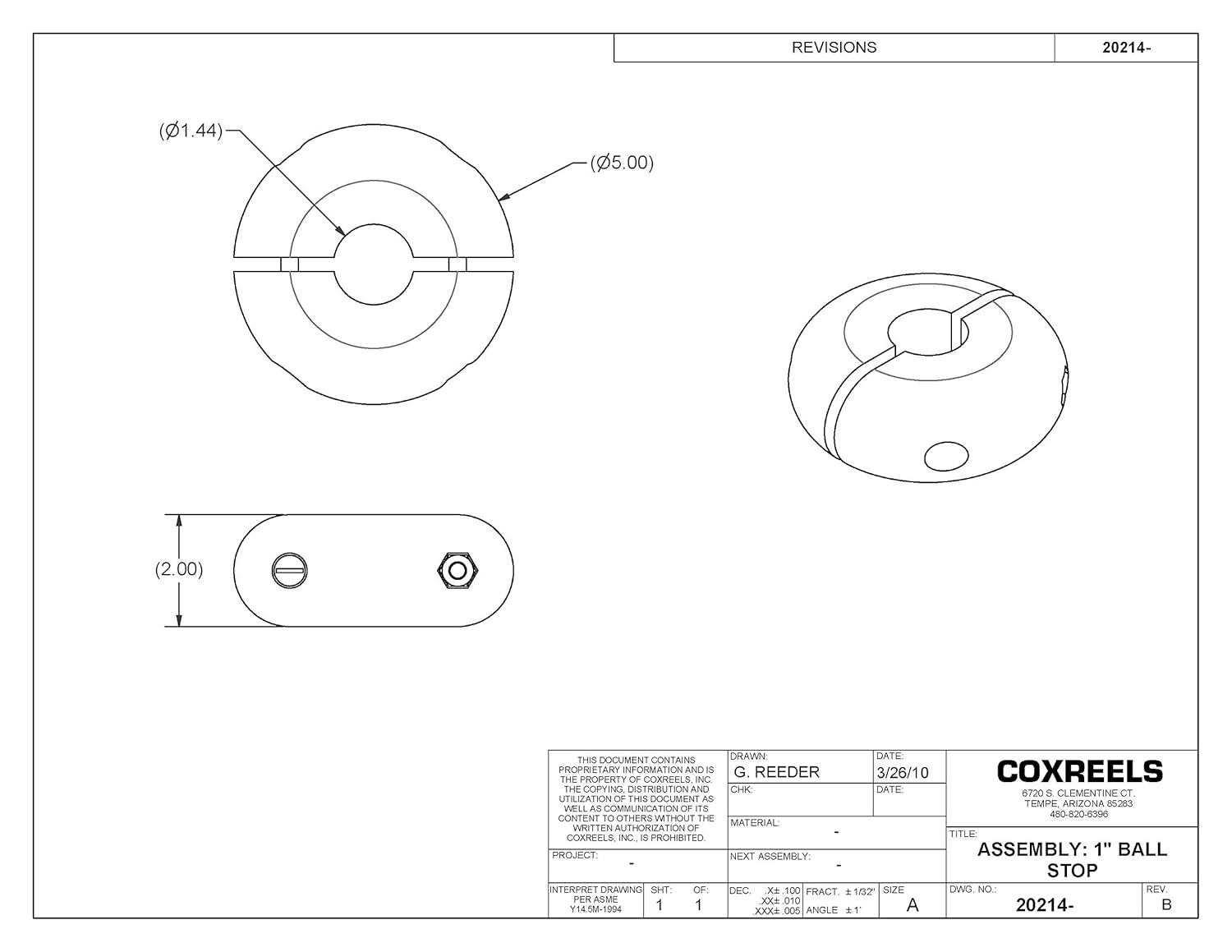 Coxreels 20214 Hose Ball Stop for Spring Driven Reel, fits 1" ID Hose. - - 
