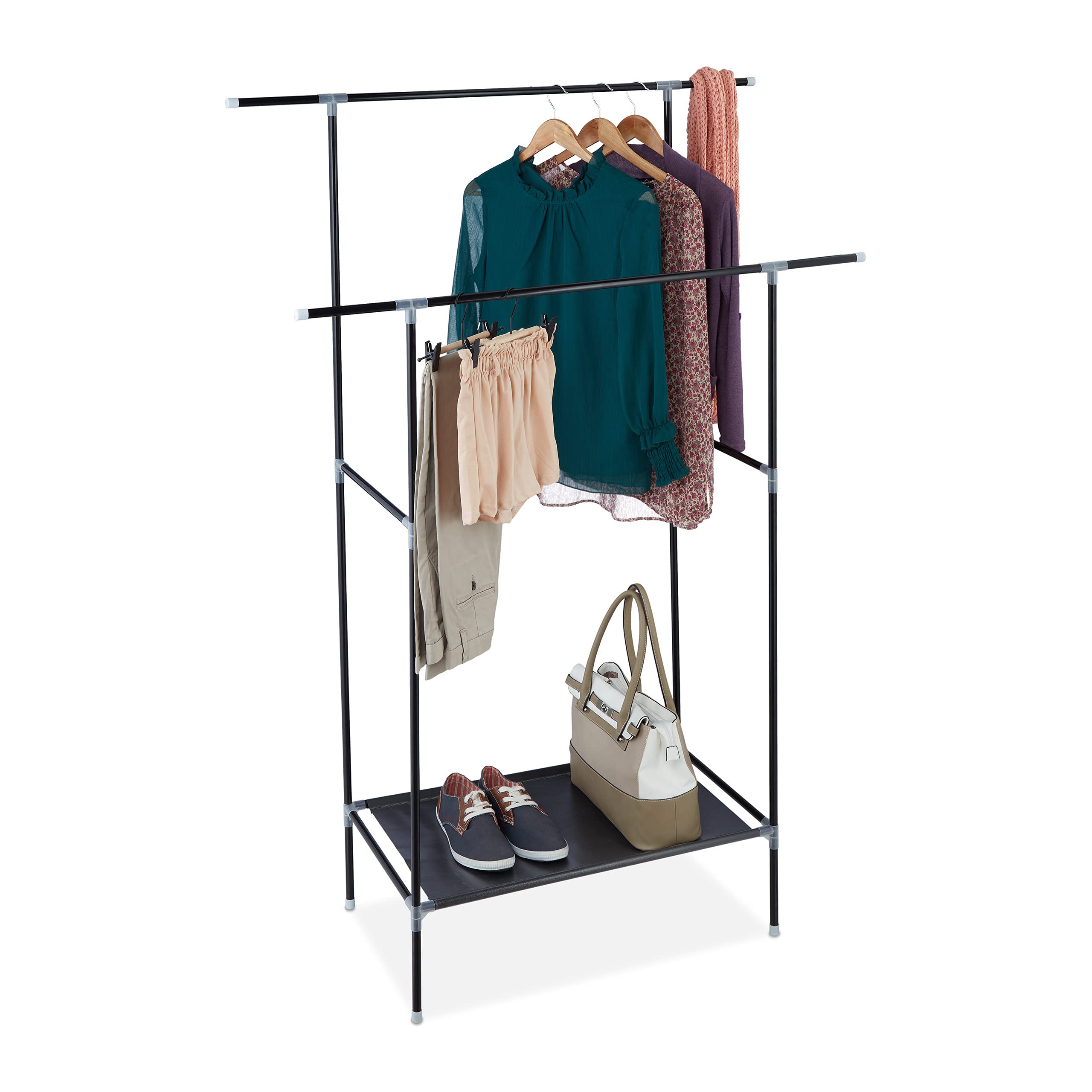 Relaxdays Clothes Rack, Metal & Fabric, 2 Rails, with Shelf, HWD: 162 x 110 x 43 cm, Double Coat Stand, Black, Iron
