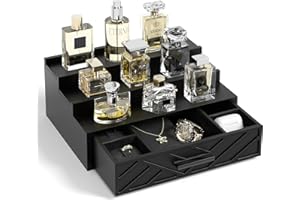 Uipame Cologne Organizer for Men, 3 Tier Perfume Organizer with Velvet Lining Drawer and Hidden Compartment, Wood Cologne Stand Perfume Shelf, Display Holder for Watch Jewelry, Great Gifts for Men
