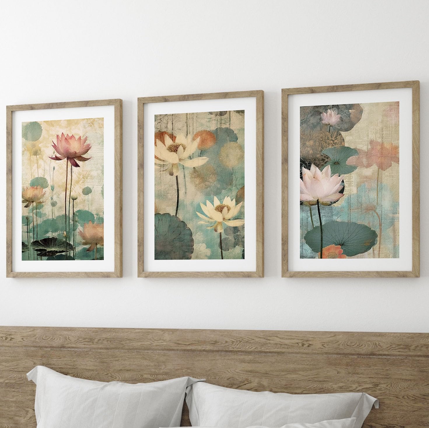 Eviepops Prints Zen Lotus Flowers Wall Art Set of 3 Unframed Poster Prints, Botanical Plant Decor, Living Room Bedroom Bathroom Poster Home Decor, Digital Art, Calming Relaxing, Pink White Green (A3) — image 1