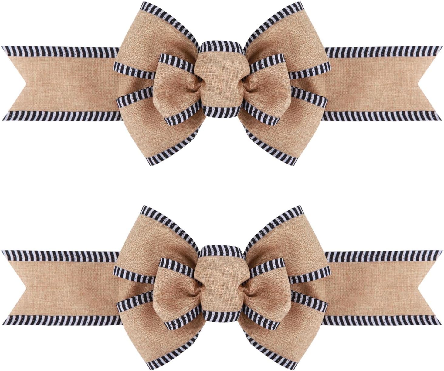 Bows & Ribbons - Meseey 2 Pcs Natural Burlap with Black and White Striped Wired Ribbon Handmade Premade Burlap Bows for Wreaths Tree Decorations Gift Wrapping Outdoor Decoration(Burlap with Black and White)