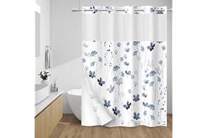WITHLOC No Hook Shower Curtain with Snap in Liner - Watercolor Floral Shower Curtain - Fabric Waterproof Inner Liner, Plants Blue Flowers White Cloth Shower Curtains - Machine Washable, 71 x 74