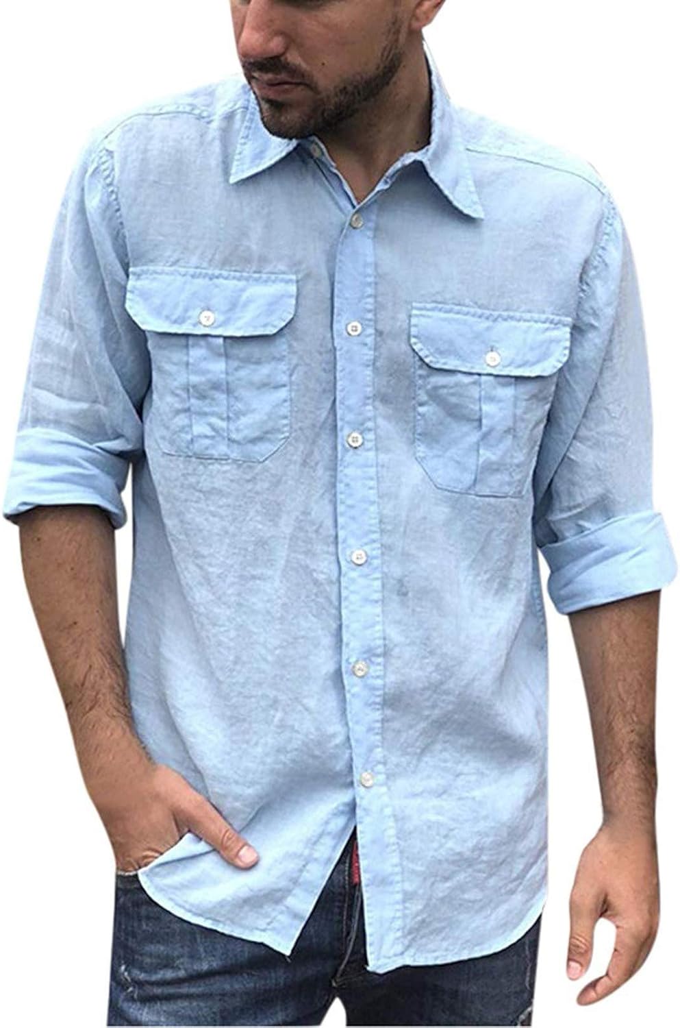 Betory Mens Linen Button Down Shirts Long Sleeve Loose Hippie Summer
