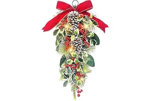 EKSEN Christmas Teardrop Swag, 24 inch, Red and White Ornament Balls with Frosted Pine, Berries and Bow (Green)
