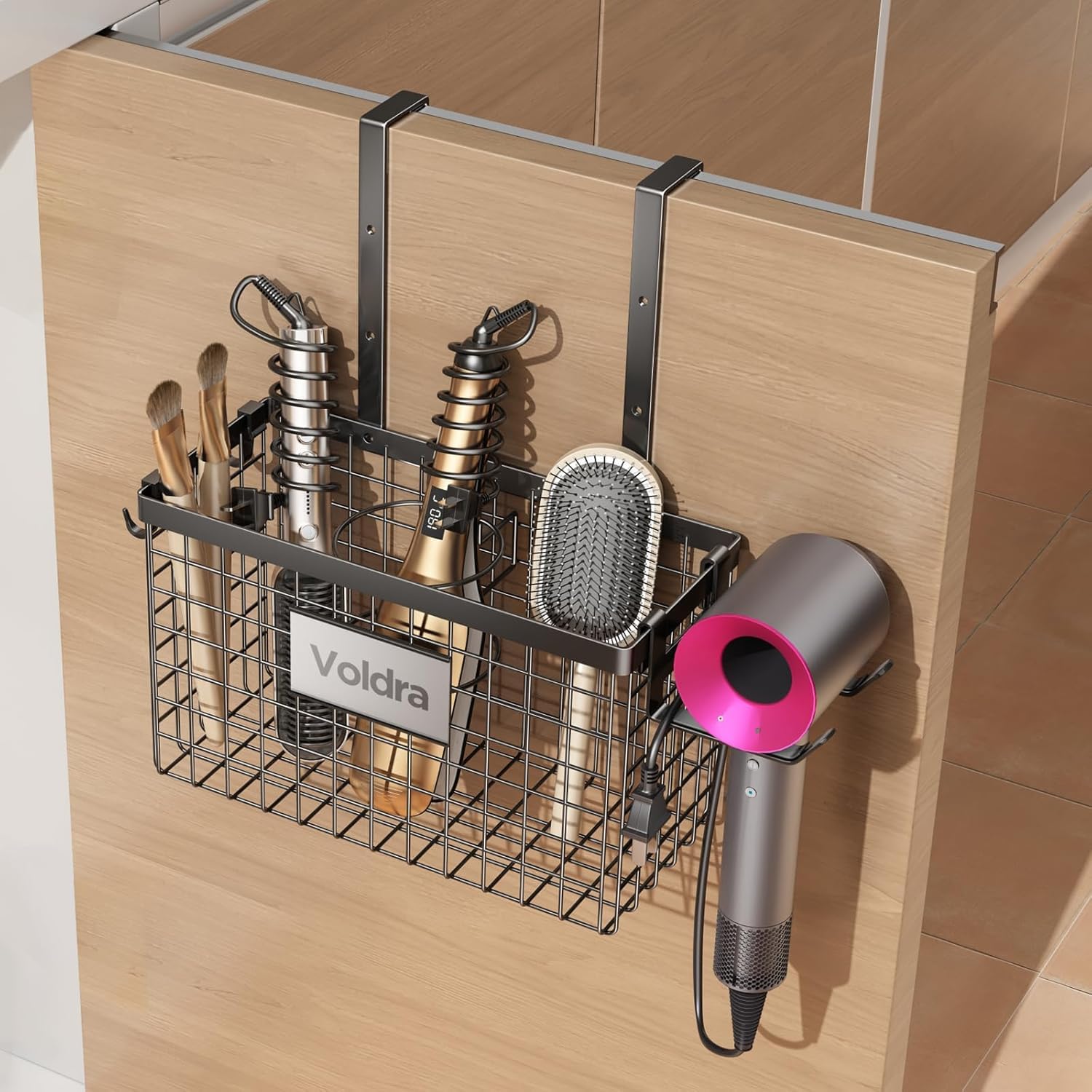 Photo 1 of Voldra Hair Dryer Holder Cabinet Door, Adhesive Hair Tool Organizer Wall Mount Adjustable Height Blow Dryer Holder Under Sink/Countertop for Flat Curling Iron, Hair Brush and Straightener (1, Black)