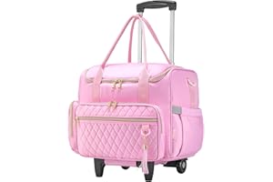 KSIBNW Rolling Laptop Bag for Women, Wheeled Teacher Tote Bag with Accordion Folder Waterproof Briefcases with 17 Inch Laptop Compartment and Detachable Dolly for Office, Work, Craft, Pink