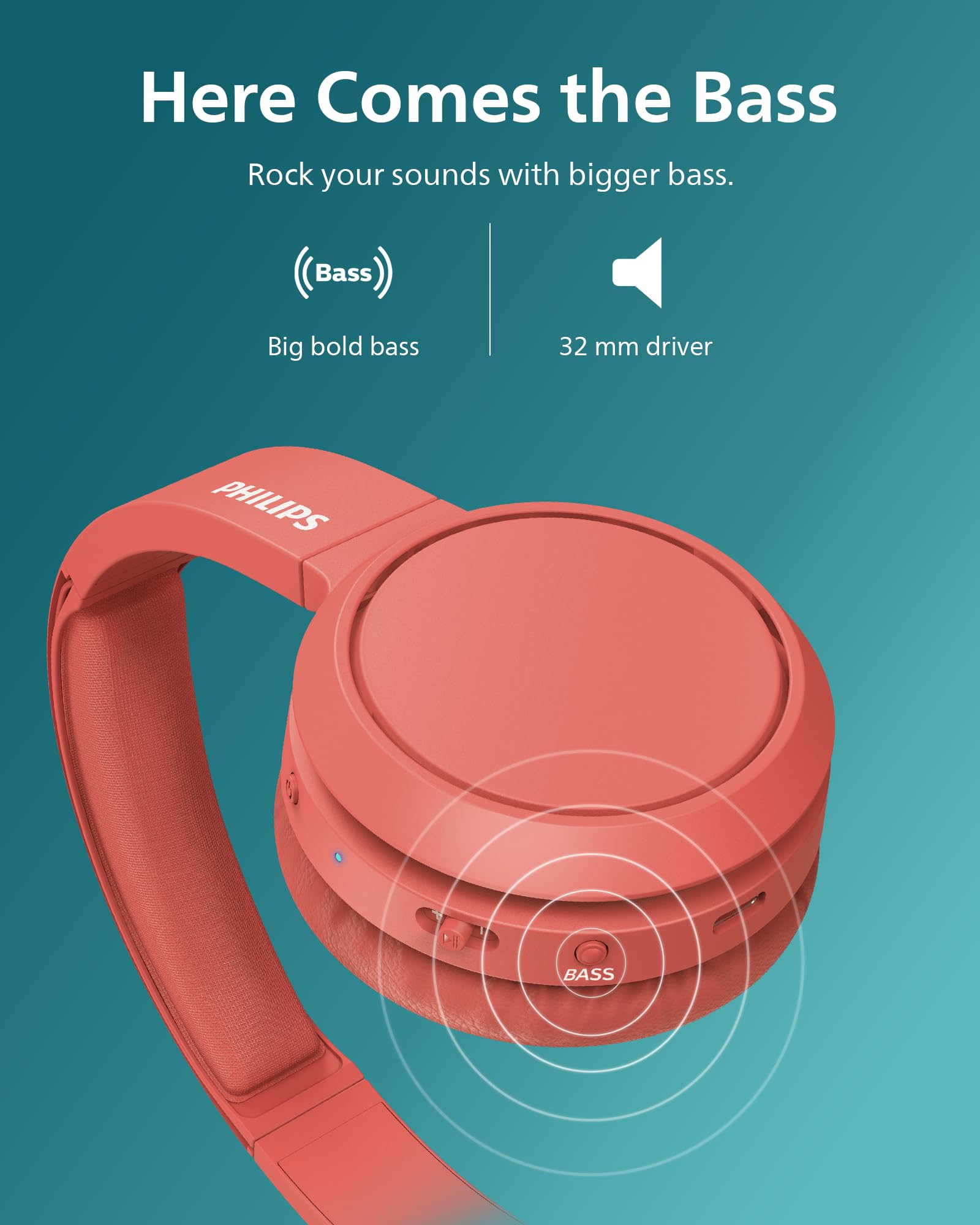PHILIPS H4205 Wireless Headphone,On-Ear Bluetooth Headphone with BASS Boost,Quality Sound,32mm Drivers,29-Hour Battery Life,Fast Charging,Lightweight,Adjustable Cushioned Headband,Soft Ear Cups,Red