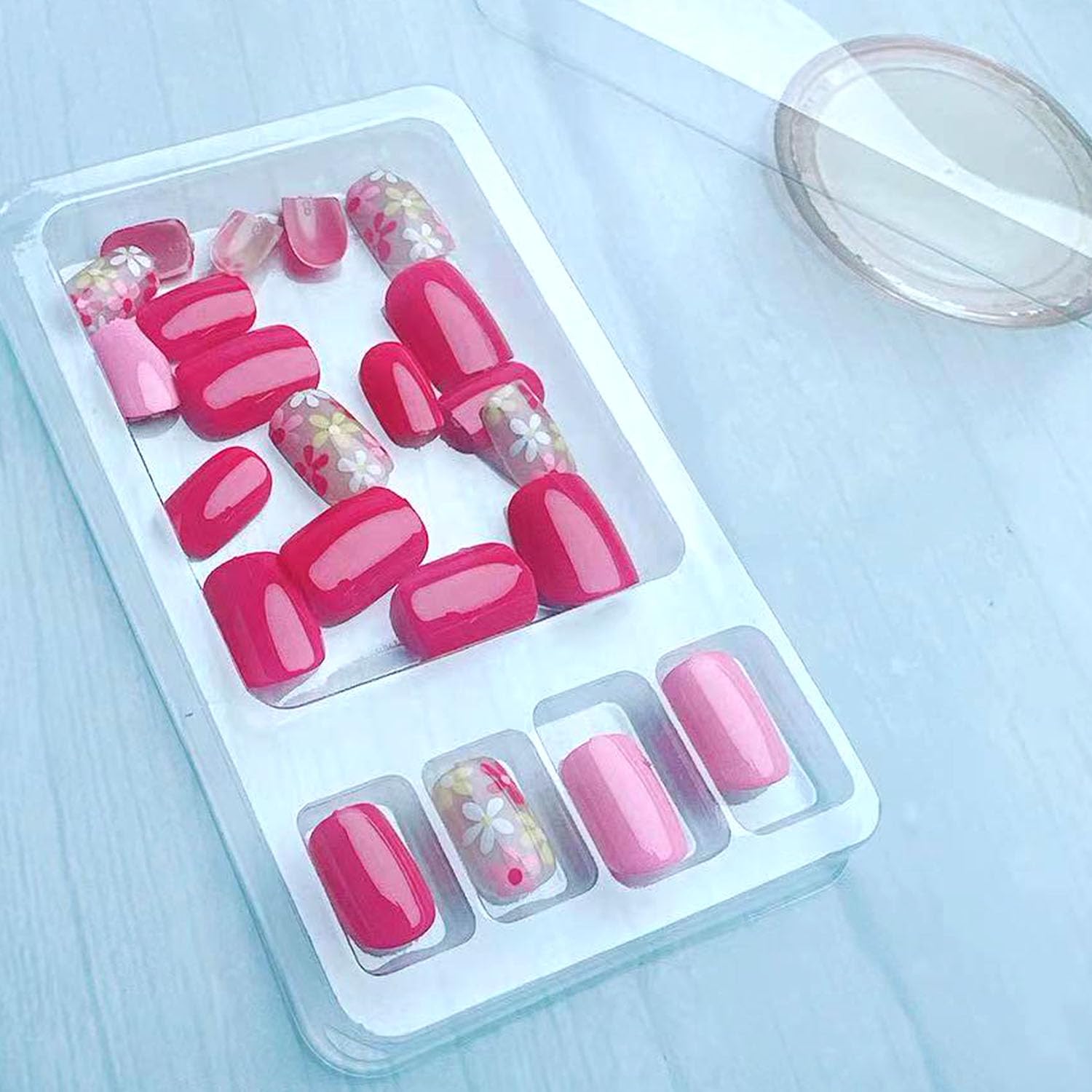 Flower Press on Nails Square Short Cute Fake Nails with Floral Design Glue on Nails Glossy Small Flowers False Nails Press ons Spring Stick on Nails Acrylic Artificial Nails for Women and Girls 24PCS - Image 7