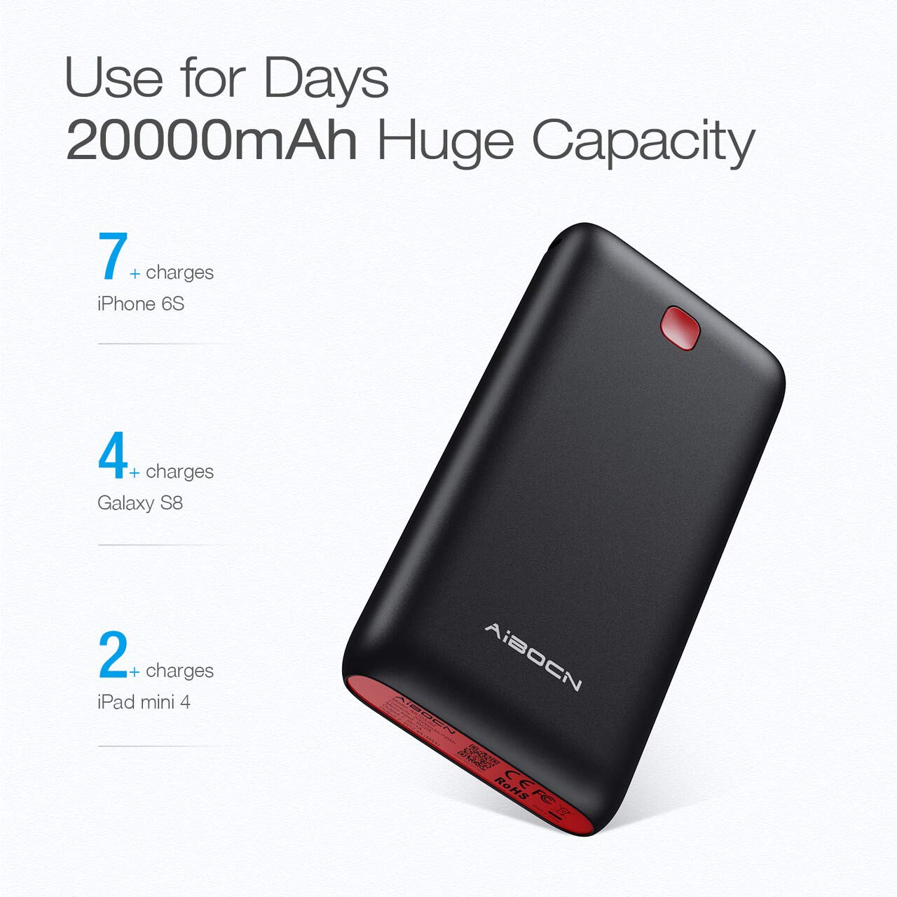 Aibocn 20000mAh Power Bank, High Capacity Portable Phone Charger with Flashlight Ultra Compact Fast Speed External Battery Pack for iPhone, iPad, Android Smart Phone, Tablet and More