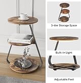 ARTETHYS Side Table Round 3-Tier Shelves with 3 LED Colors Rustic Brown view 6