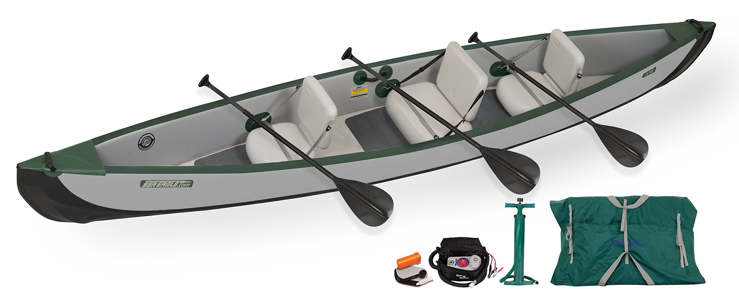 Sea Eagle TC16 Inflatable Travel Canoe 3 Person Electric Pump Package