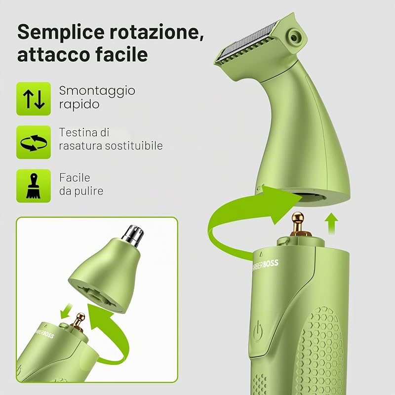 Set per la toelettatura dei dettagli, 3 in 1, per uomo, barba, parrucchiere, body groomer, trimmer naso e orecchie, rasoio senza fili con ricarica USB (Verde)