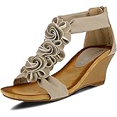 PATRIZIA Women's HARLEQUIN Ankle Strap T-Strap Wedge Sandals - Floral Design, Cushioned Insole, Back Zipper, Beige EU 37 / US 6.5-7