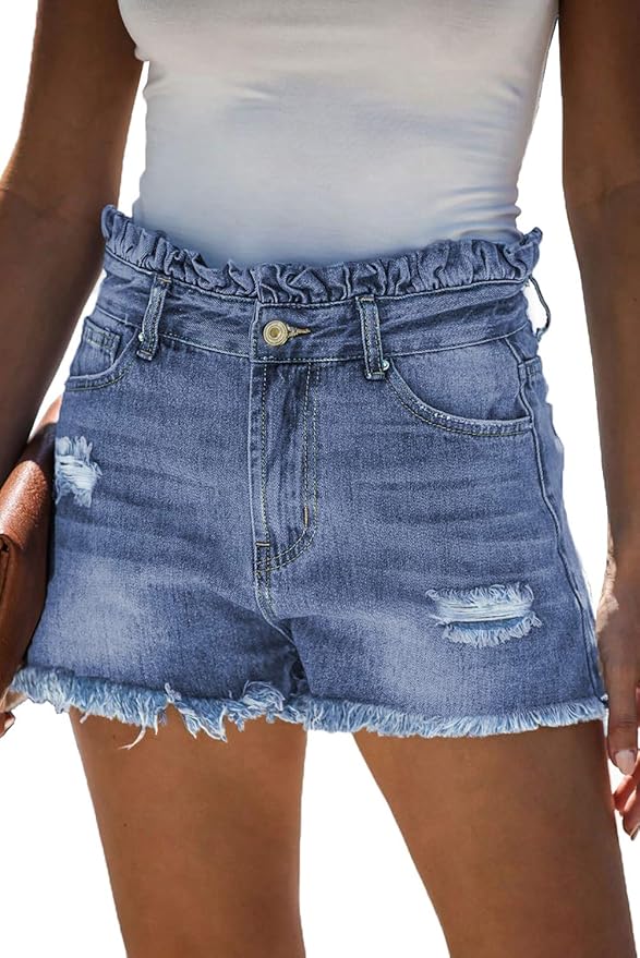 Women's Frayed Distressed Hem Casual Denim Shorts Mid Rise Ripped Comfy Stretchy Short Jeans 