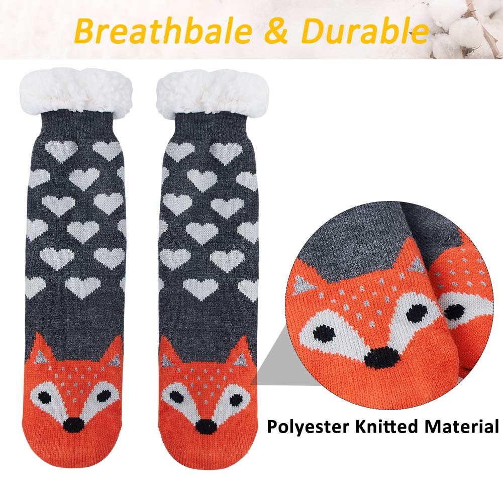 RAISEVERN Girls 3D Animal Printed Fluffy Slipper Socks Cute House Anti Slip Lounge Socks Gray Heart Orange Fox Boys Christmas Holiday Festive Crazy Cozy Warmth Kniting Hosiery With Sherpa Lining
