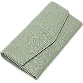 GOIACII Women's Wallet RFID Blocking Credit Card Holder Ladies Clutch Purse with Zipper Coin Pocket Embossed Flower Green
