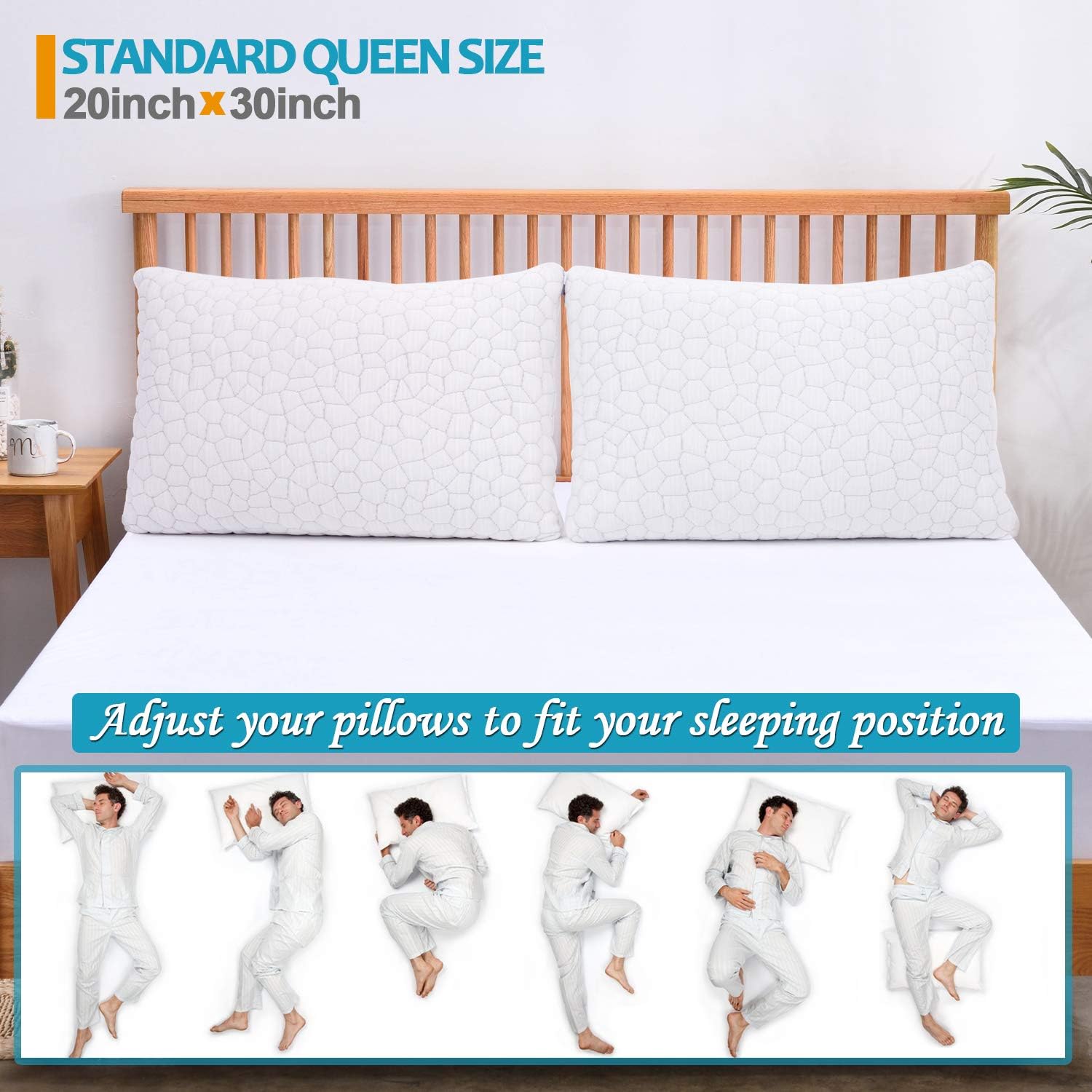 2-Pack Cooling Bed Pillows for Sleeping - Adjustable Gel Shredded Memory Foam Pillow - Hypoallergenic Bamboo Pillows for Side Back Sleepers + Washable Removable Cover Queen Size: Home & Kitchen