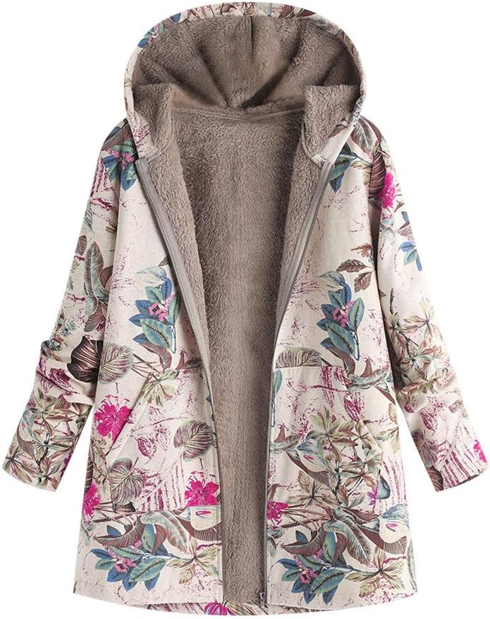 STORTO Women Floral Print Retro Coat，Warm Winter Hoodie Parka Thicken Zipper Overcoat