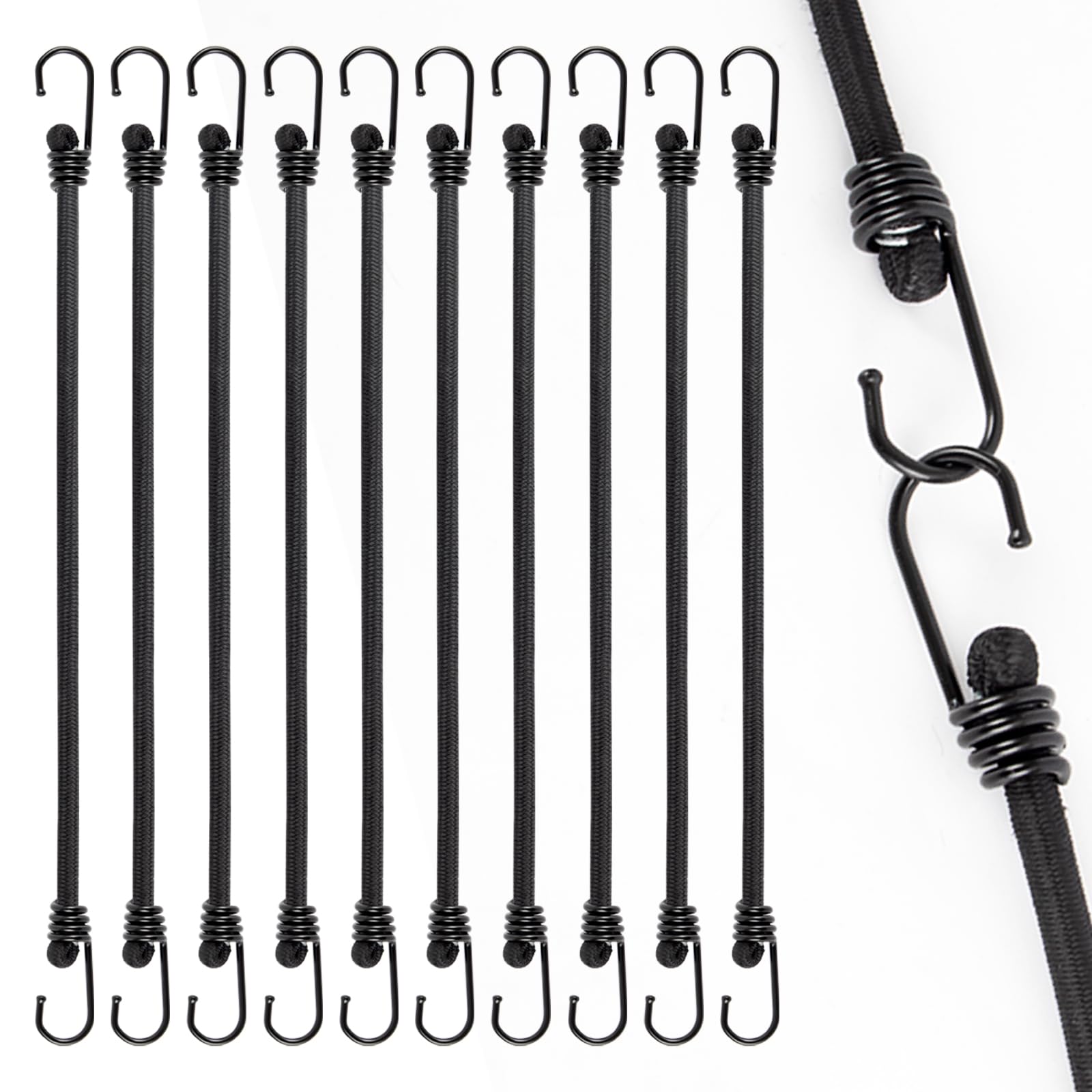 Bungee Cords With Hooks 12 Inch, 10 PCS Heavy Duty Bungee Cord, 8mm Thick Bungee Straps, Elastic Straps With Hooks for Securing Tarps, Luggage, Tents, Bikes or Caravan Camping
