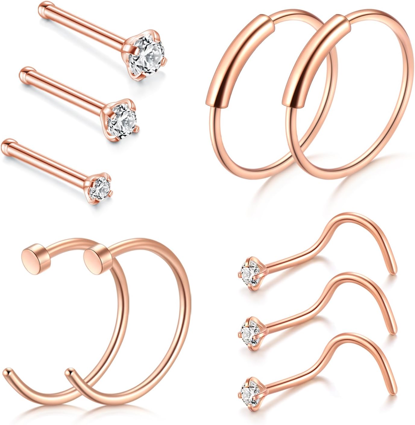 22 Gauge Nose Hoop Ring Nose Screw Bone Studs Clicker Rings Surgical Steel Piercing Jewellery Set 10PCS
